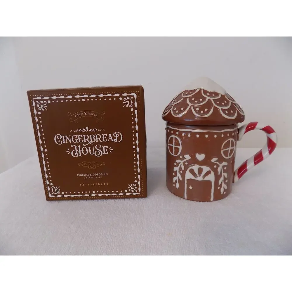Pottery Barn Gingerbread House Lidded Stoneware Mug Holiday Christmas NEW